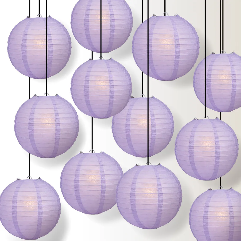 12 PACK | Lavender Even Ribbing Round Paper Lantern, Hanging Combo Set