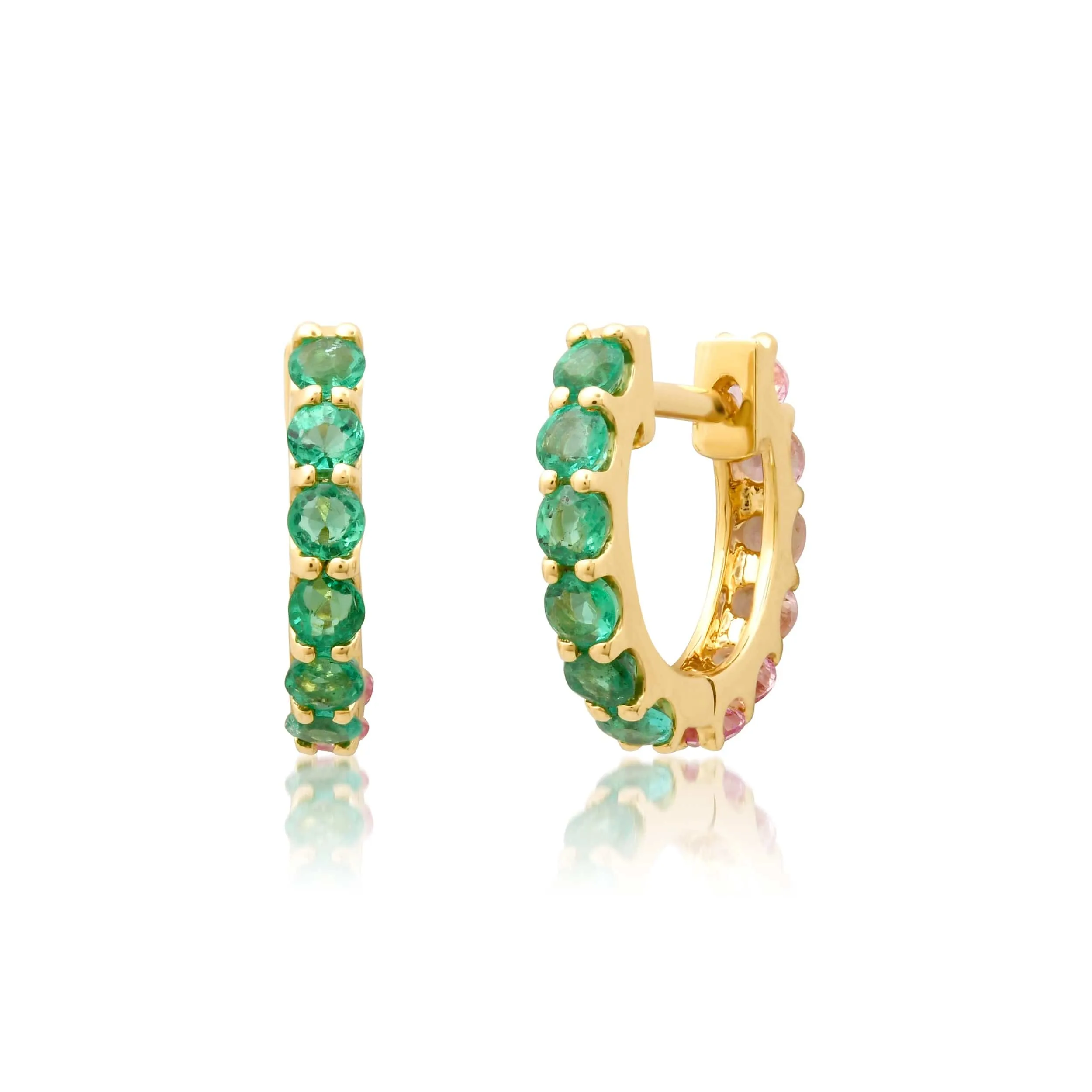 14K Gold Half & Half Pink Sapphire & Emerald Huggie Hoops Earrings