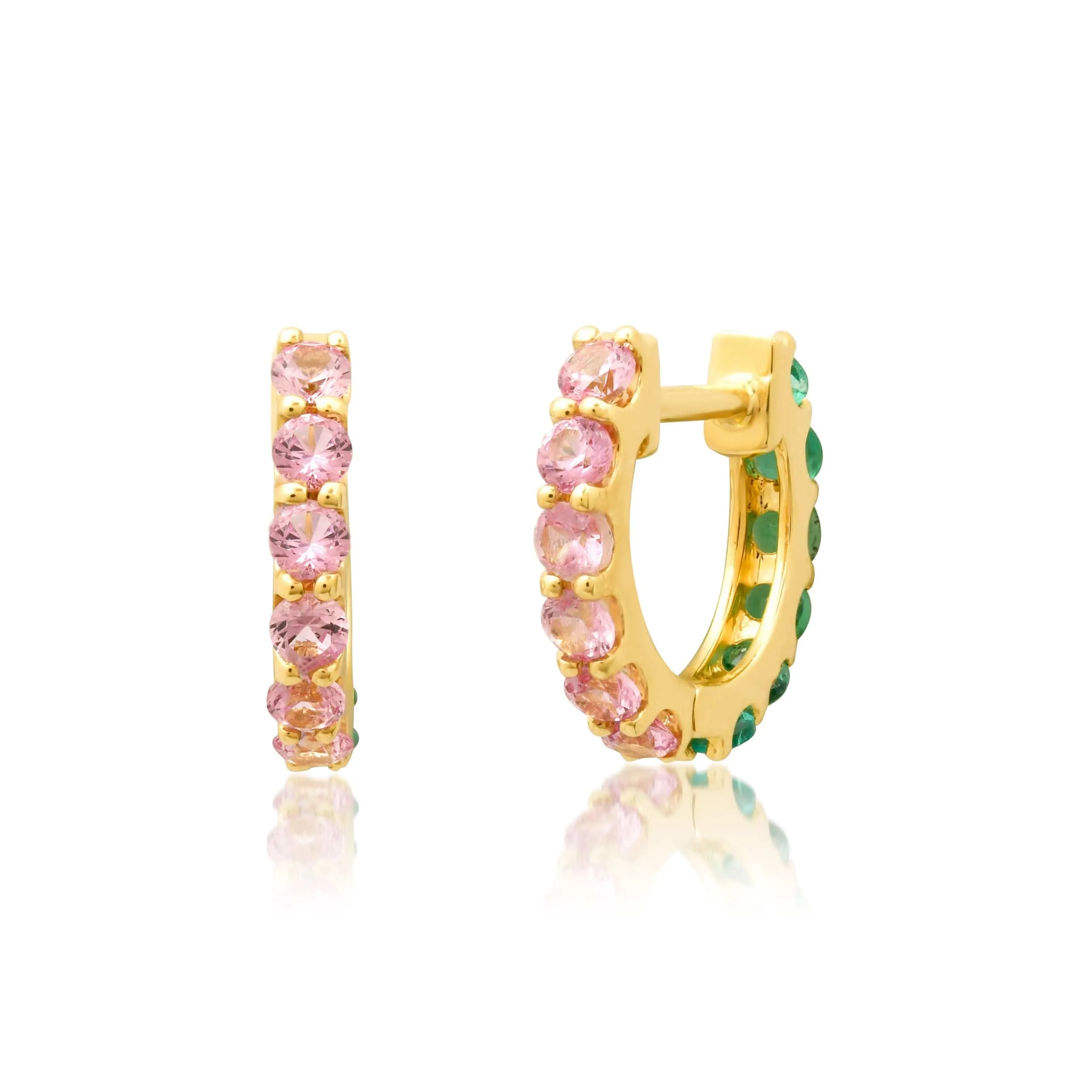 14K Gold Half & Half Pink Sapphire & Emerald Huggie Hoops Earrings