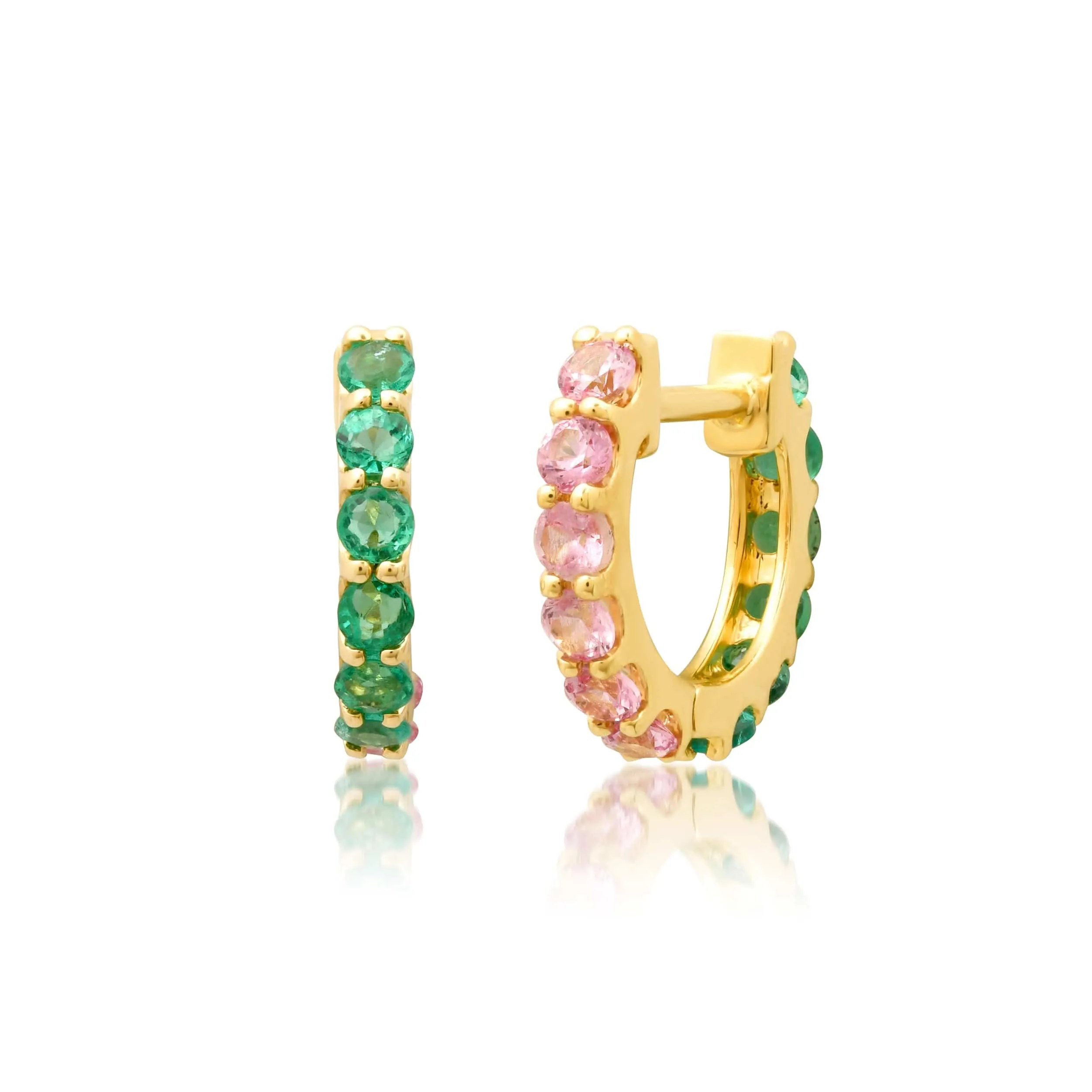 14K Gold Half & Half Pink Sapphire & Emerald Huggie Hoops Earrings