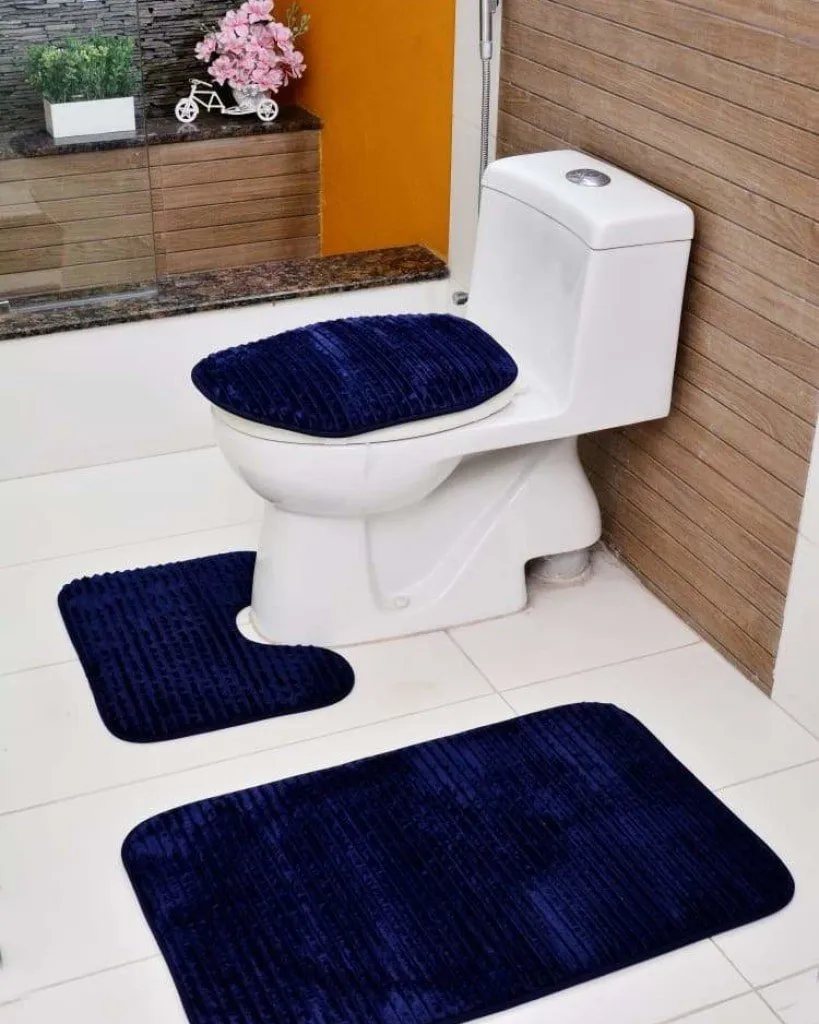 3 PCs Anti Skid Commode Mat Set(2430)-Navy Blue