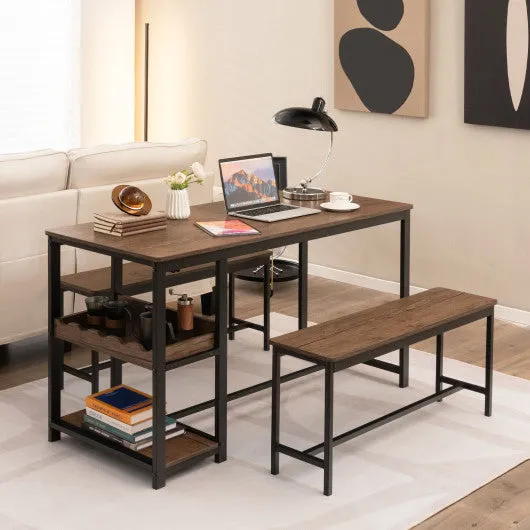 3 Pieces Dining Table Set for 4 with Wine Rack-Brown