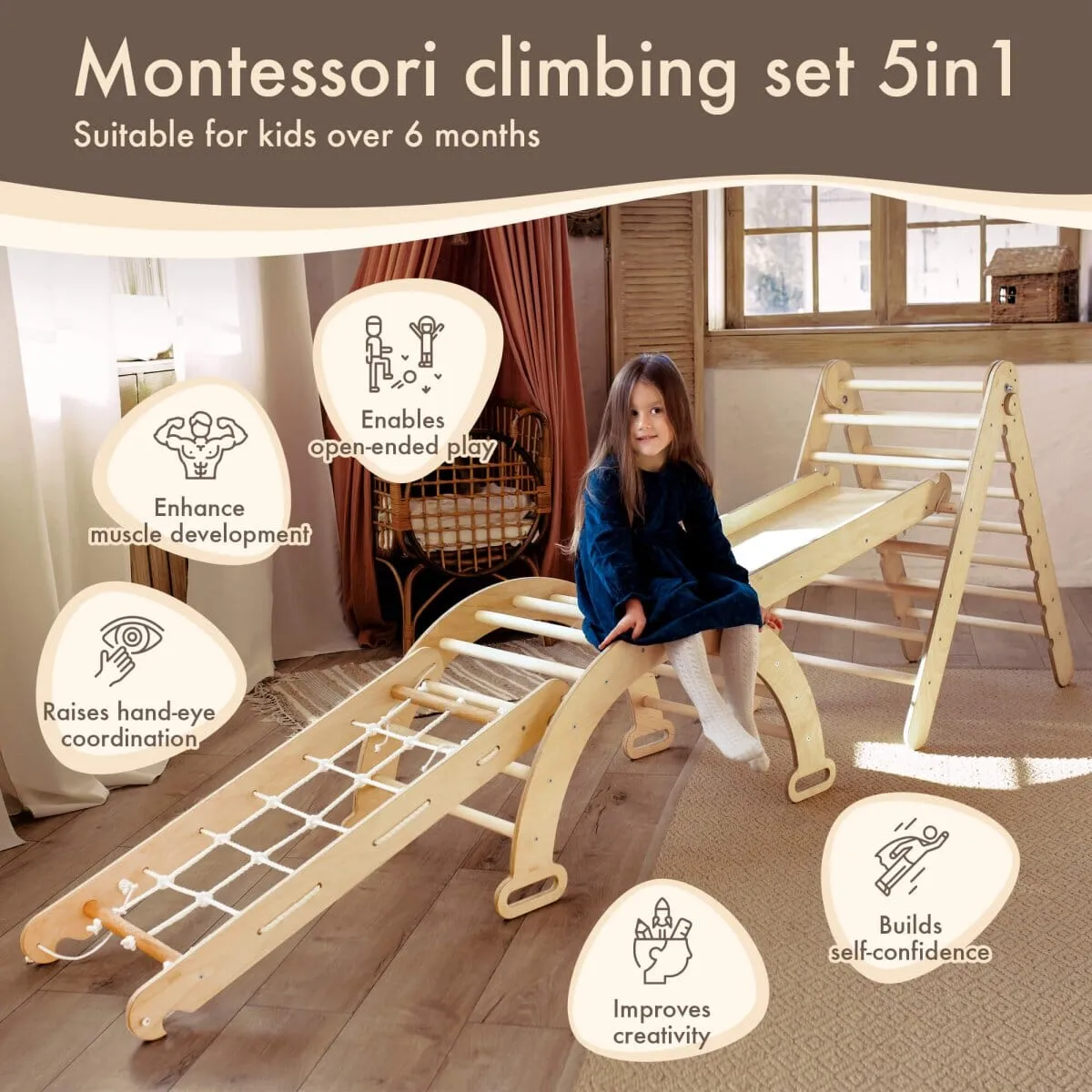 4in1 Montessori Climbing Set: Triangle Ladder   Arch/Rocker   Slide Board/Ramp   Climbing Net | Beige