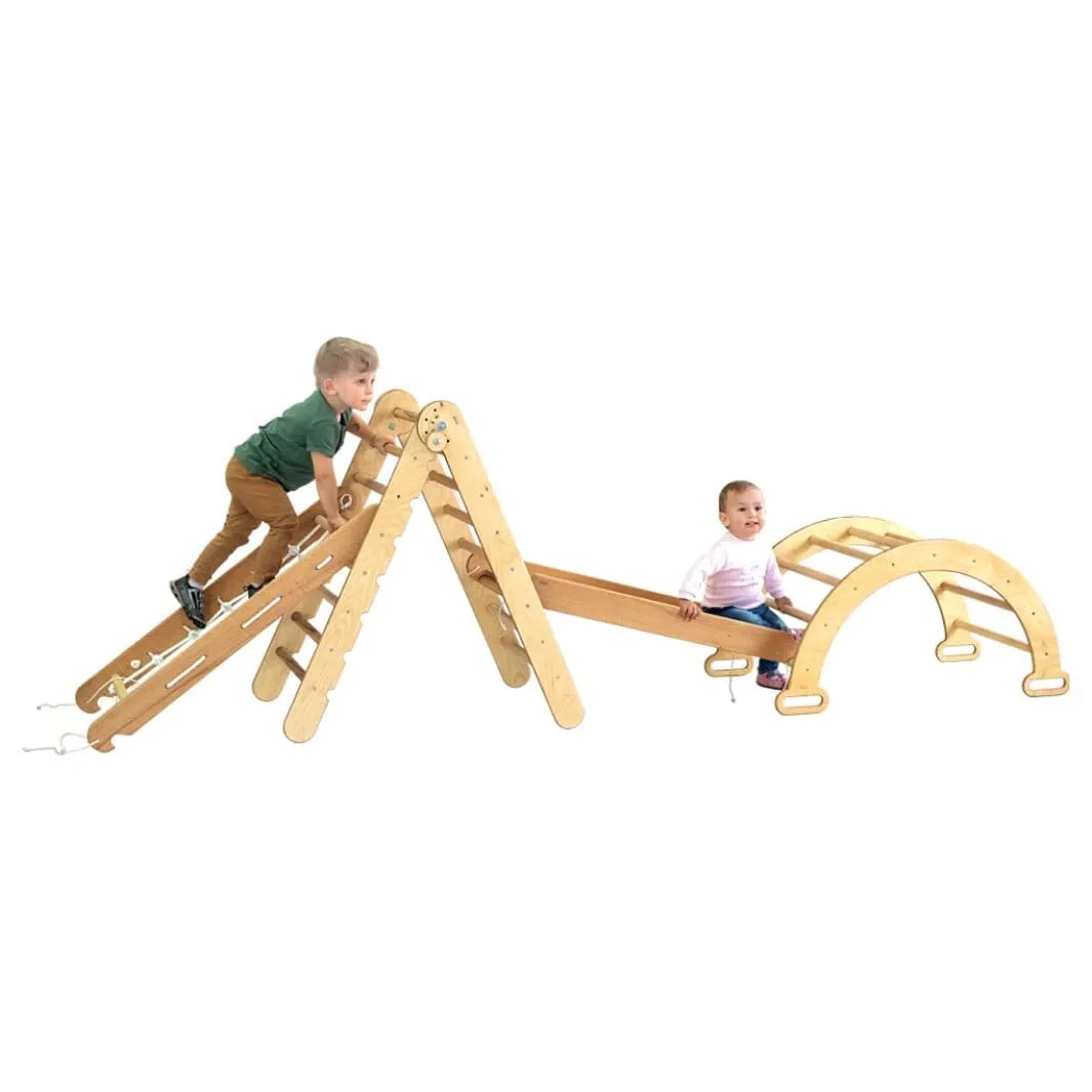 4in1 Montessori Climbing Set: Triangle Ladder   Arch/Rocker   Slide Board/Ramp   Climbing Net | Beige