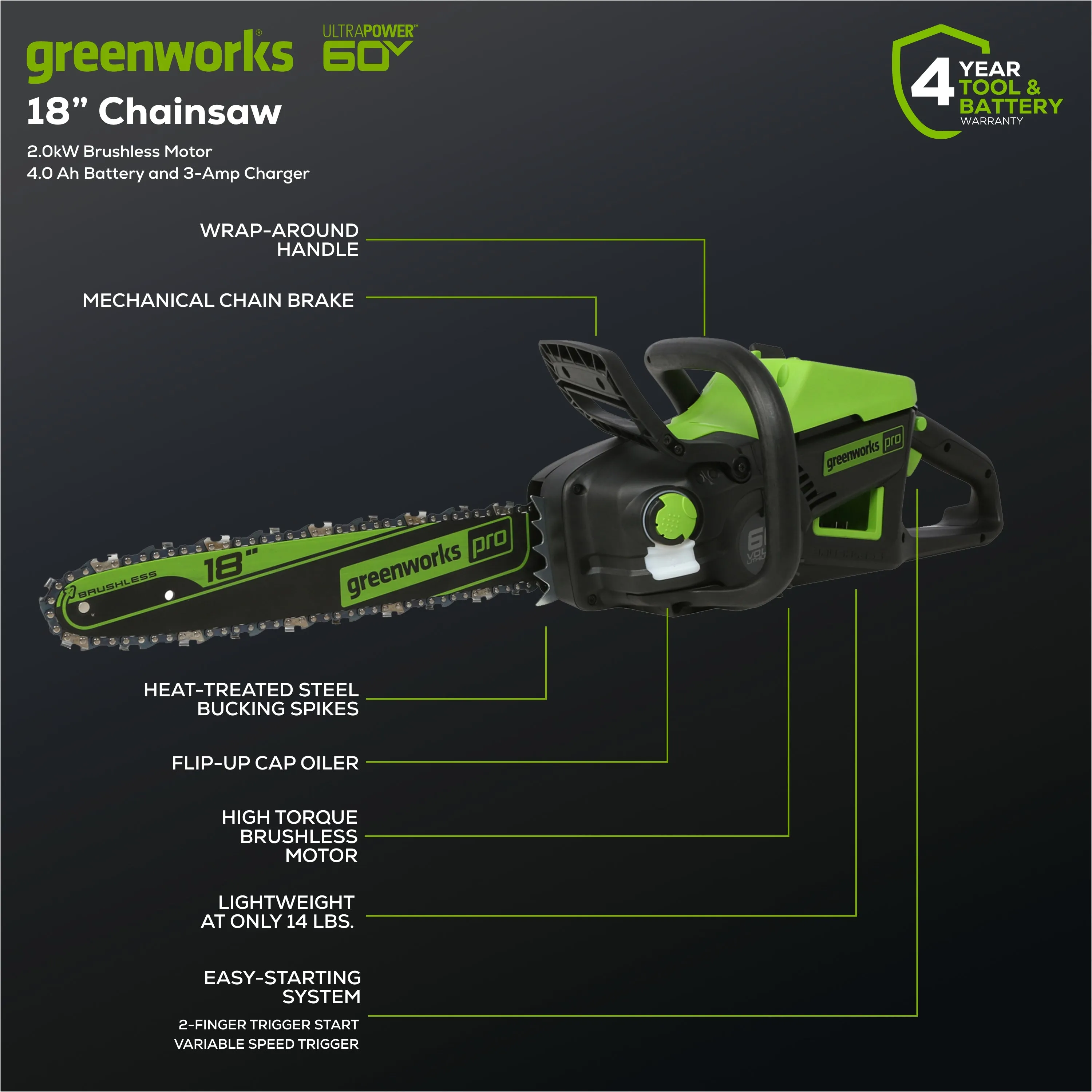 60V 18" Cordless Battery Chainsaw w/ 4.0 Ah Battery & Charger