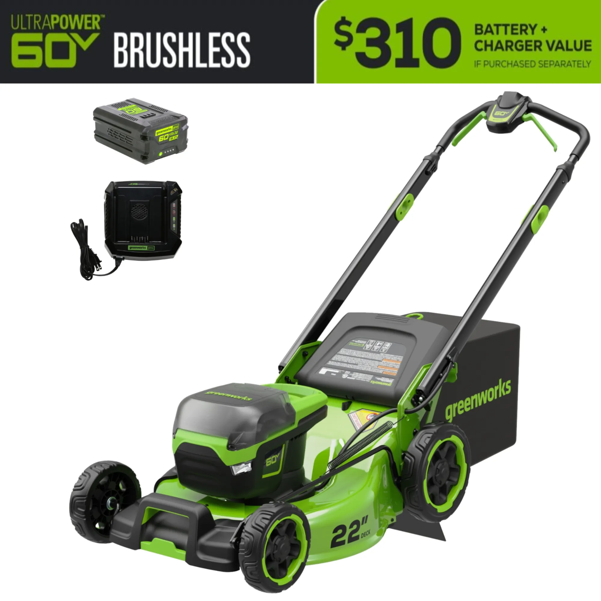 60V 22" Cordless Battery Push Lawn Mower w/ 5.0Ah Battery & Charger