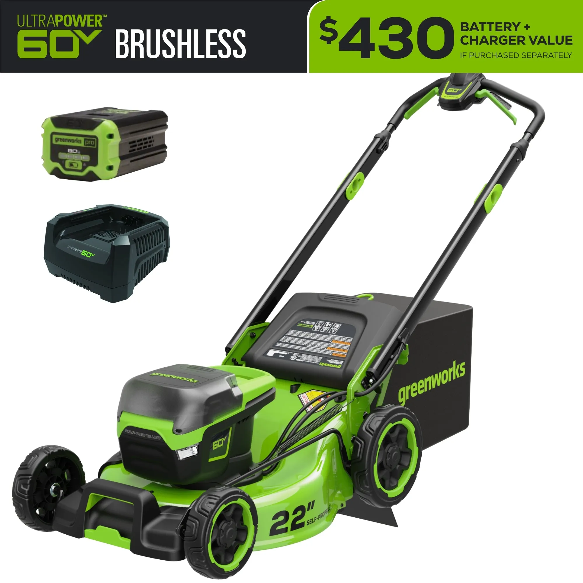 60V 22" Cordless Battery Self-Propelled Lawn Mower w/ 8.0Ah Battery & Charger