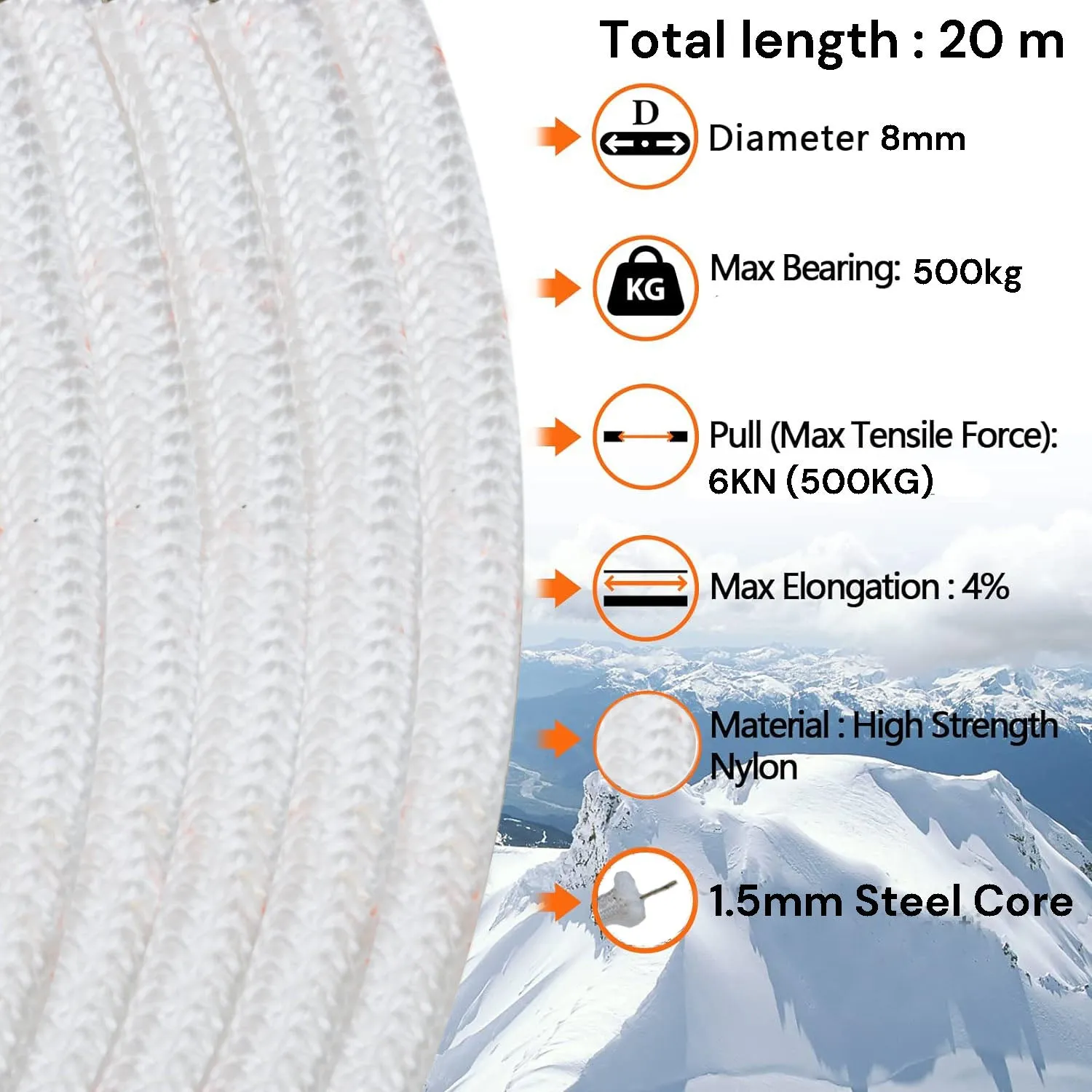 8mm 20m Safety Climbing Rope Nylon Rock Static Outdoor Boat Anchor Marine Rope Dock Lines Rope