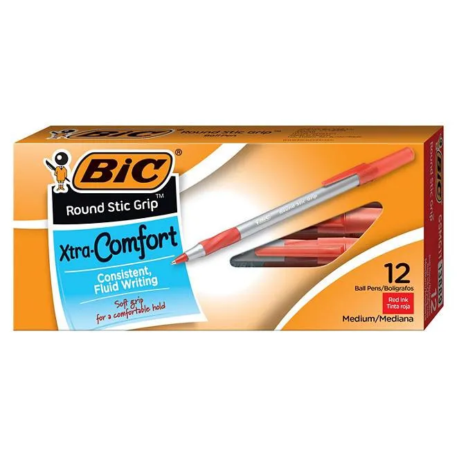 BIC Round Stic Grip Xtra Comfort Ballpoint Pen, Red Ink, 1.2mm, Medium, 12ct.