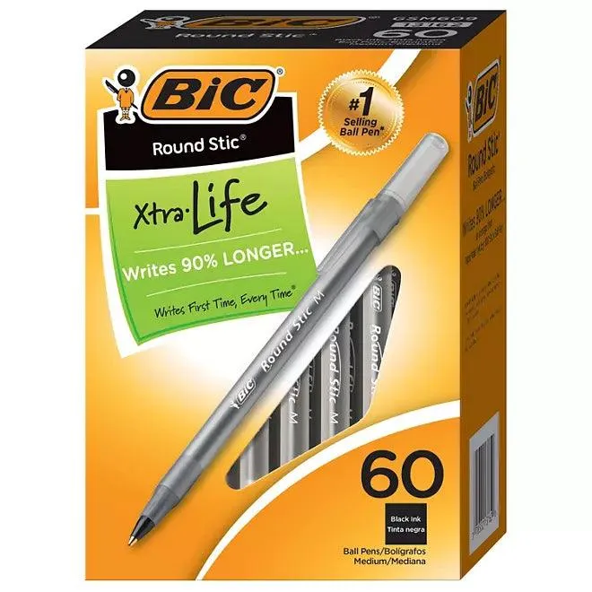 BIC Round Stic Xtra Life Ballpoint, 1mm, Medium, Black, 60ct.