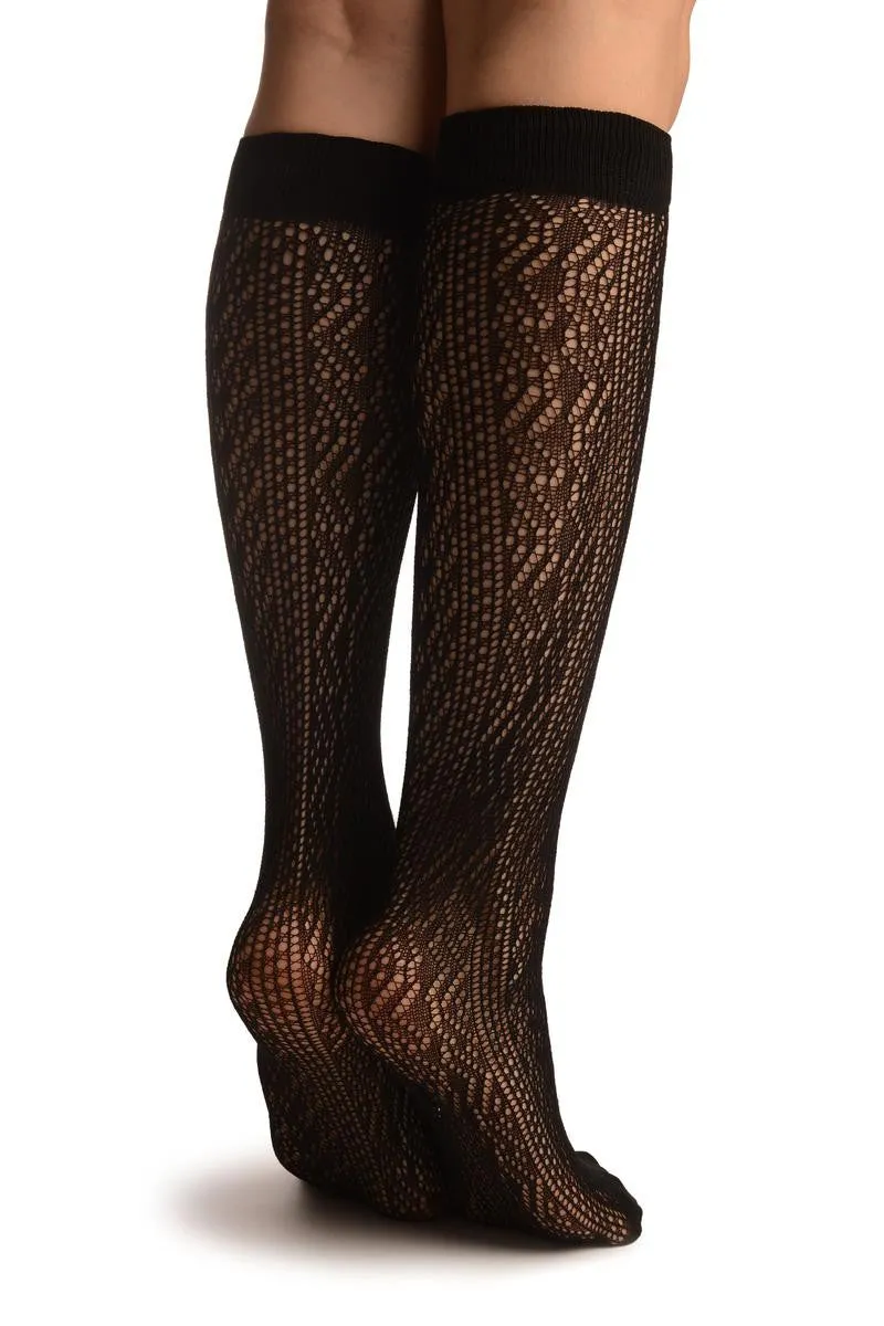 Black Crochet Lace Stripes Socks Knee High