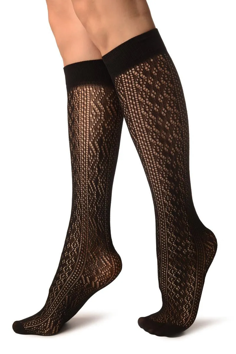 Black Crochet Lace Stripes Socks Knee High