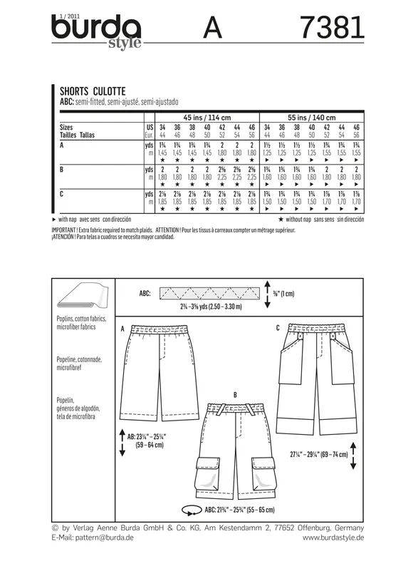 Burda 7381 Mens' Shorts Pattern