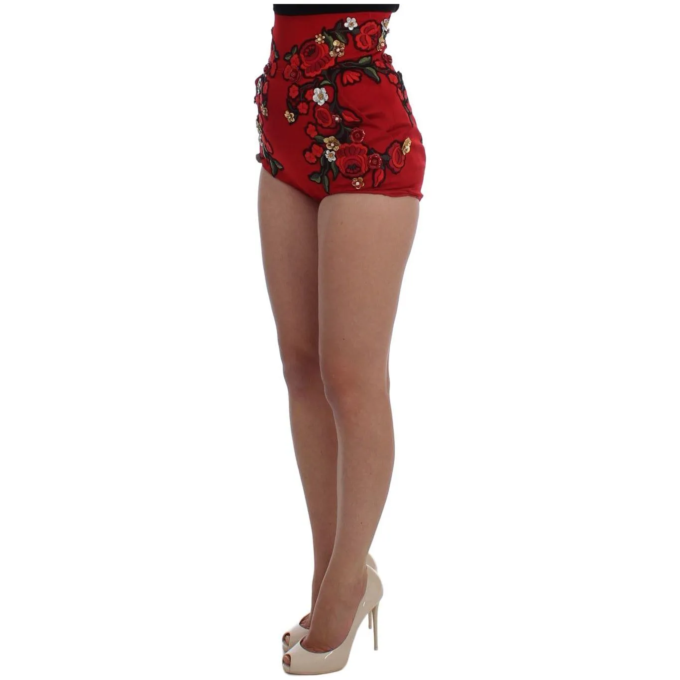 Dolce & Gabbana Glamorous Red Silk Floral Embroidered Shorts