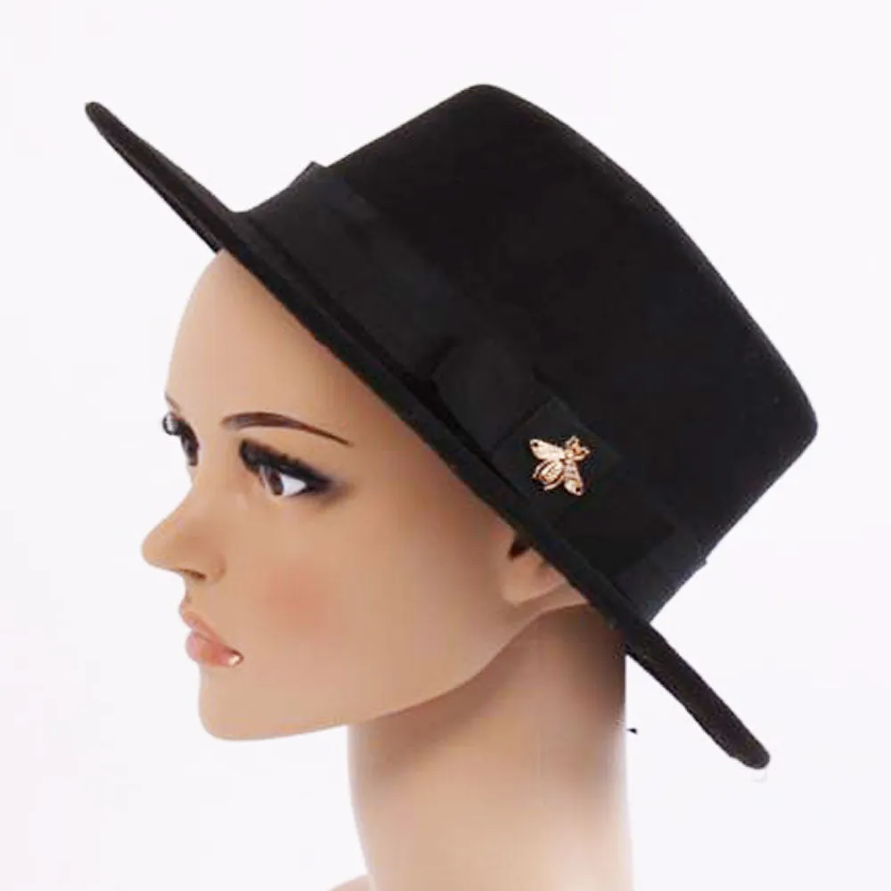 Flat Fedora Bee Hat in Black