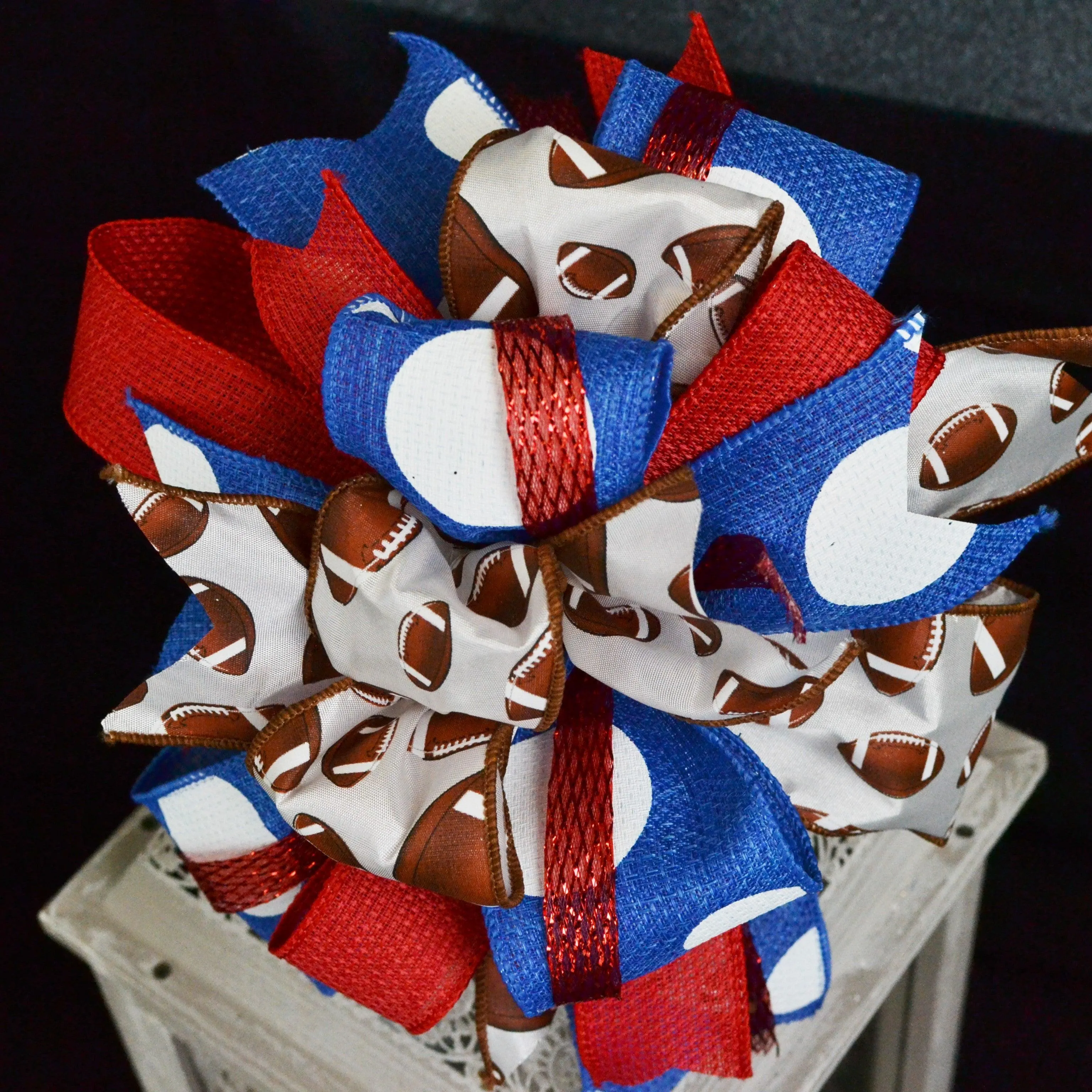 Football Wreath Bow, Red Blue White Brown