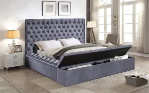 Grey Velvet Fabric Bed with 3 Storage Benches