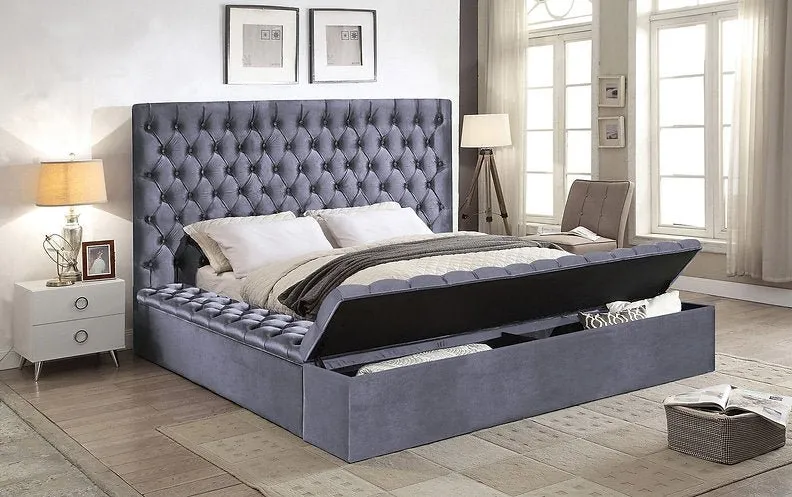 Grey Velvet Fabric Bed with 3 Storage Benches