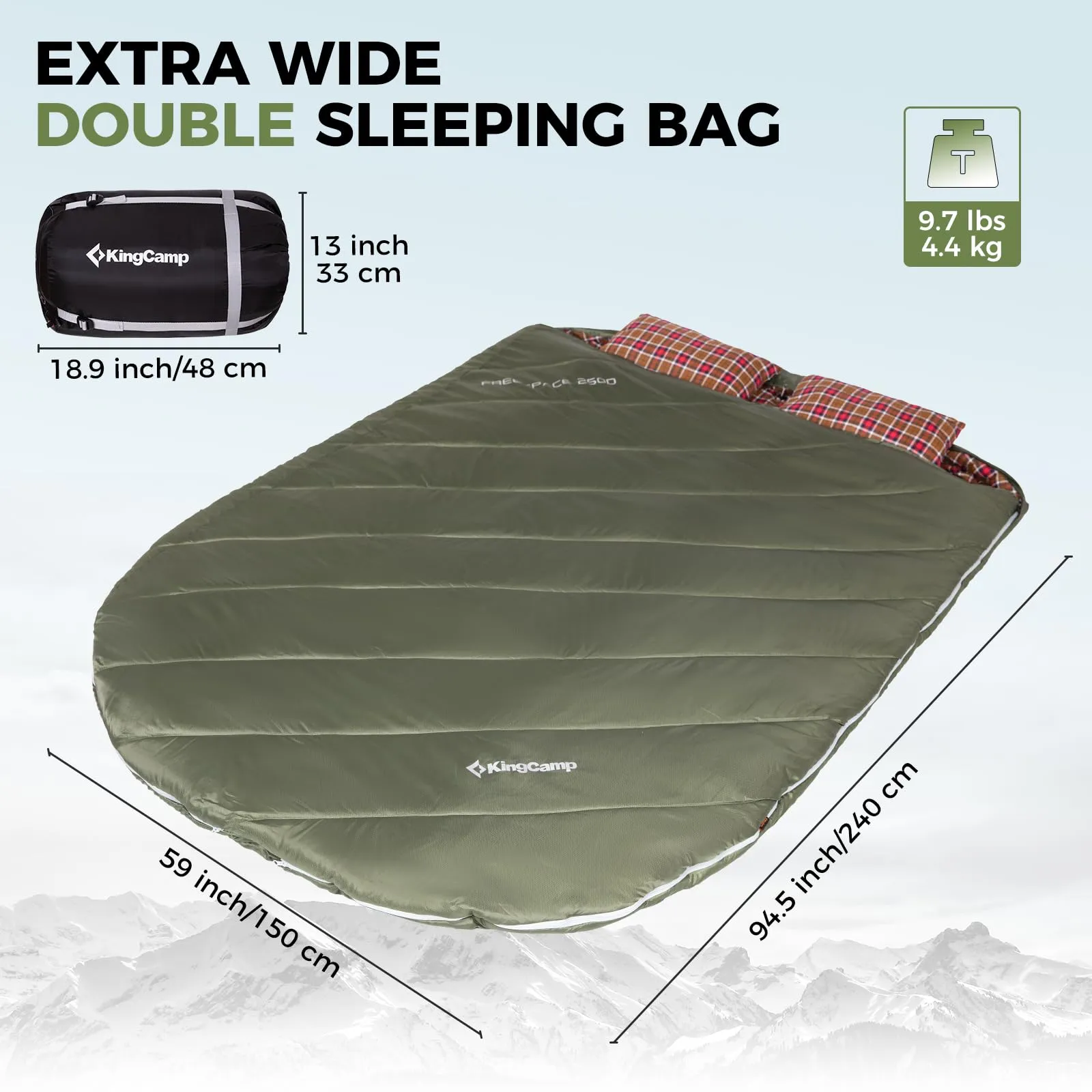 KingCamp FREESPACE 250D - Comfortable Double Sleeping Bag with Flannel Lining