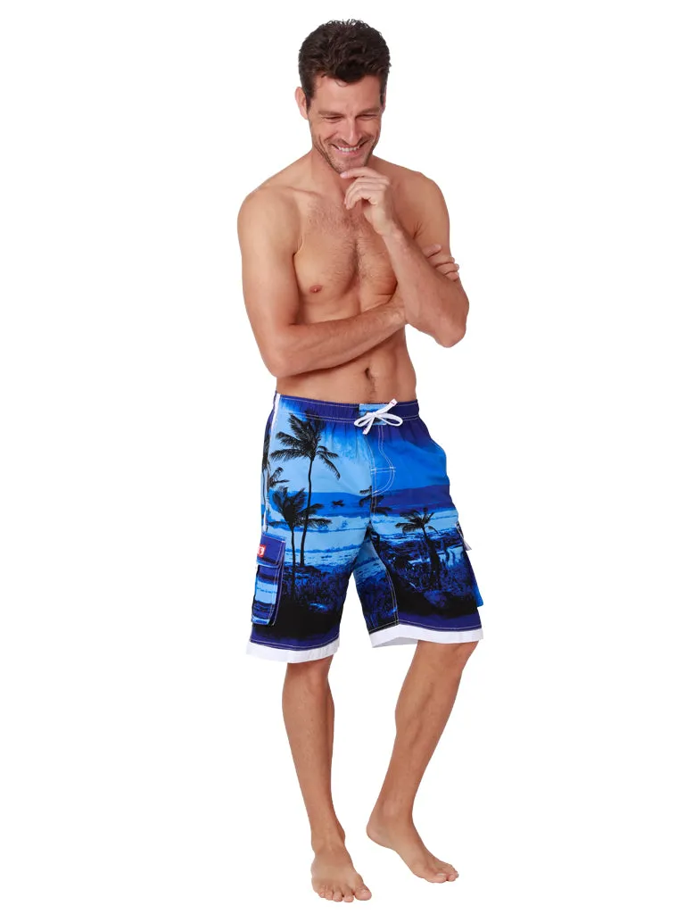 Men's Elasticized Board Shorts blue midnight palms