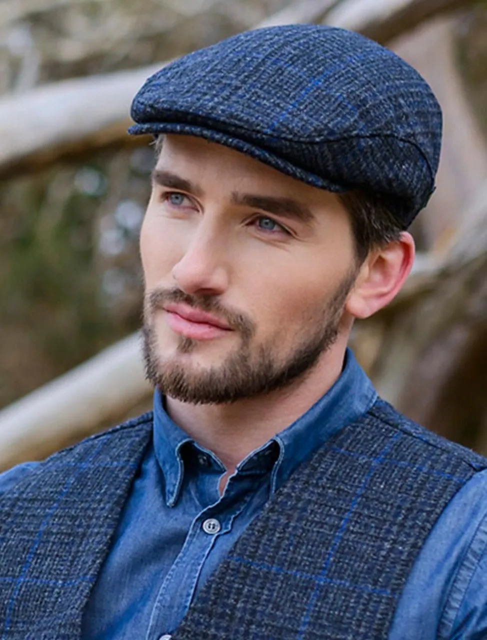 Mens Tweed Flat Cap - Trinity Cap Charcoal with Blue Check