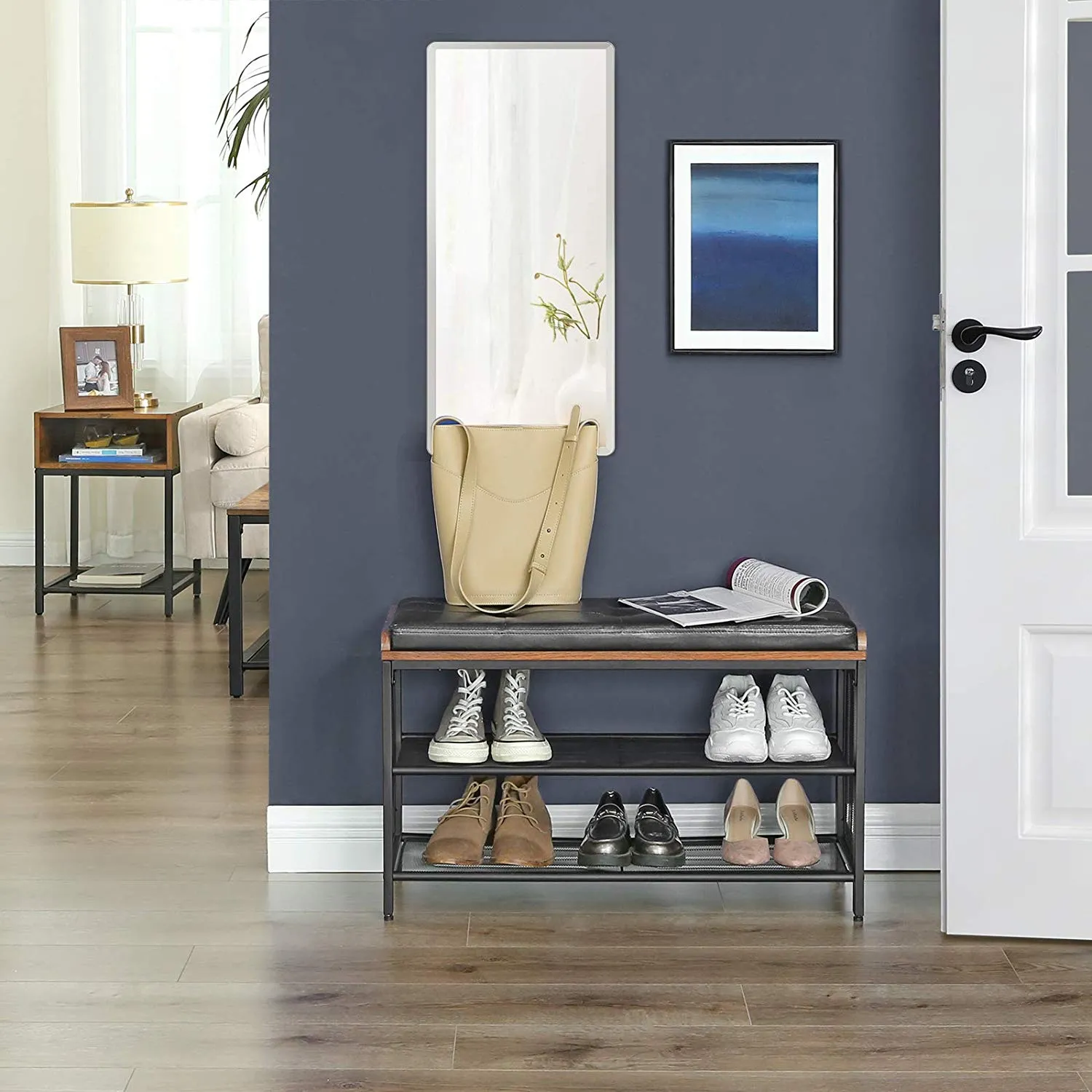 Padded Storage Bench with Mesh Shelf