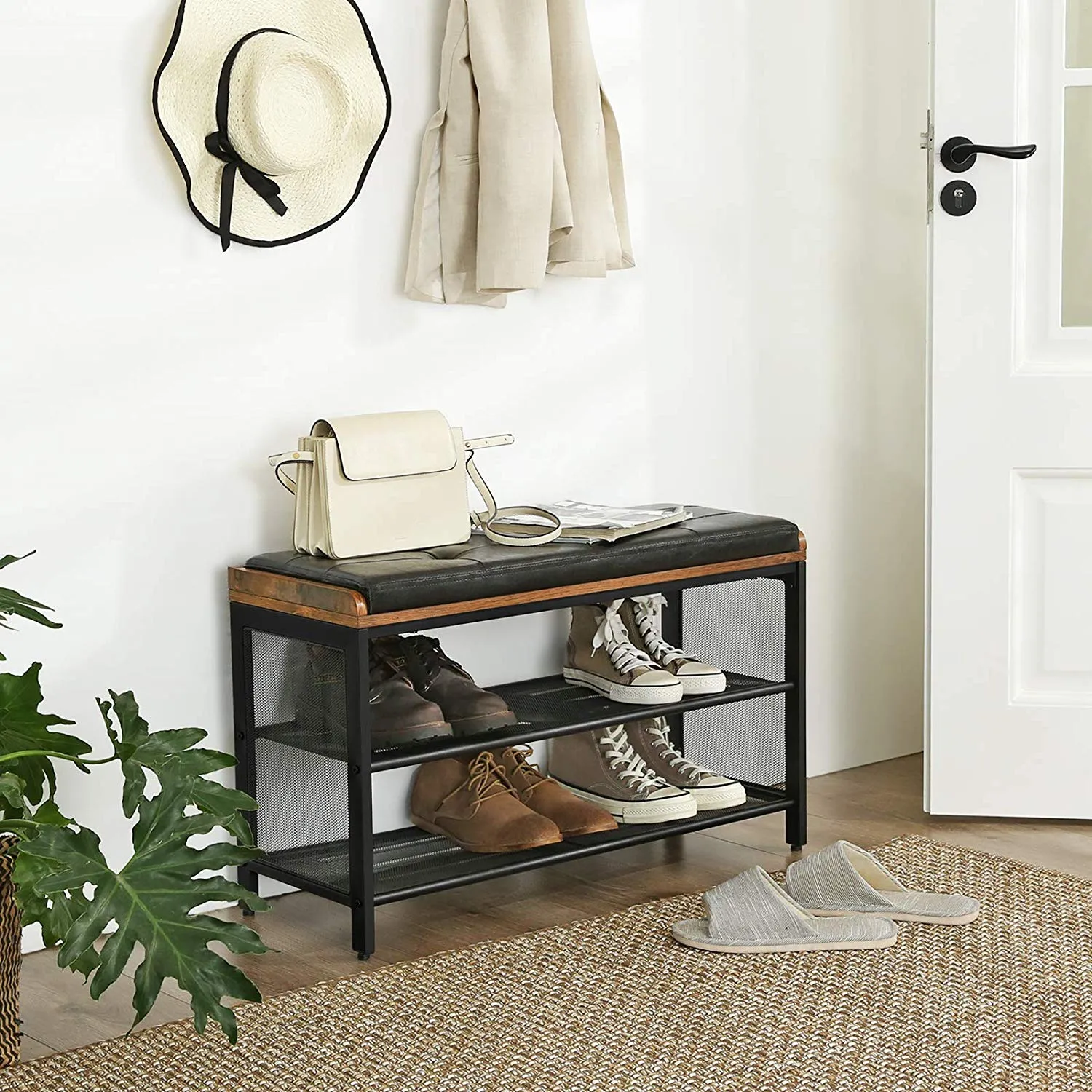 Padded Storage Bench with Mesh Shelf