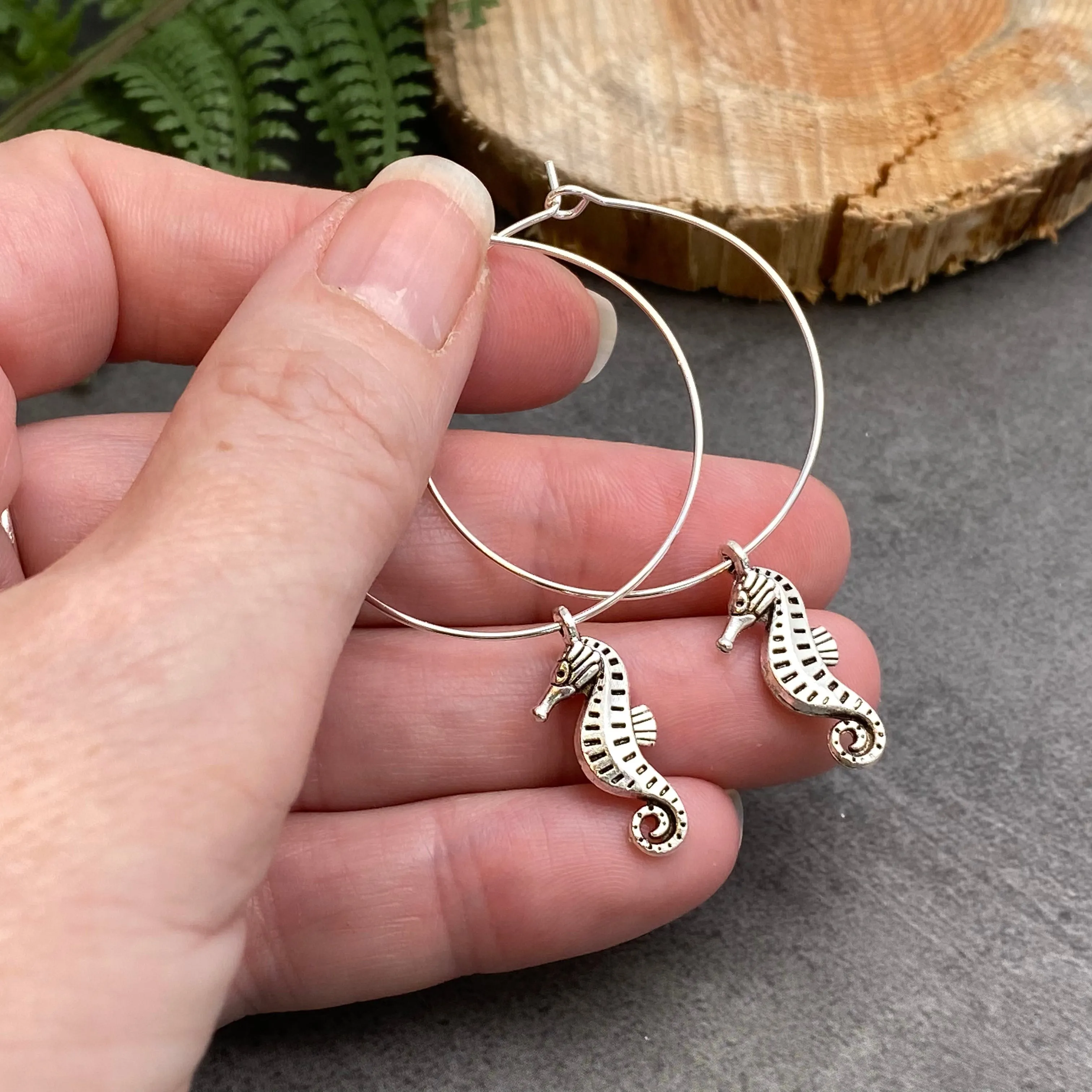 Seahorse Charm Silver Plated Hoop Earrings 35mm