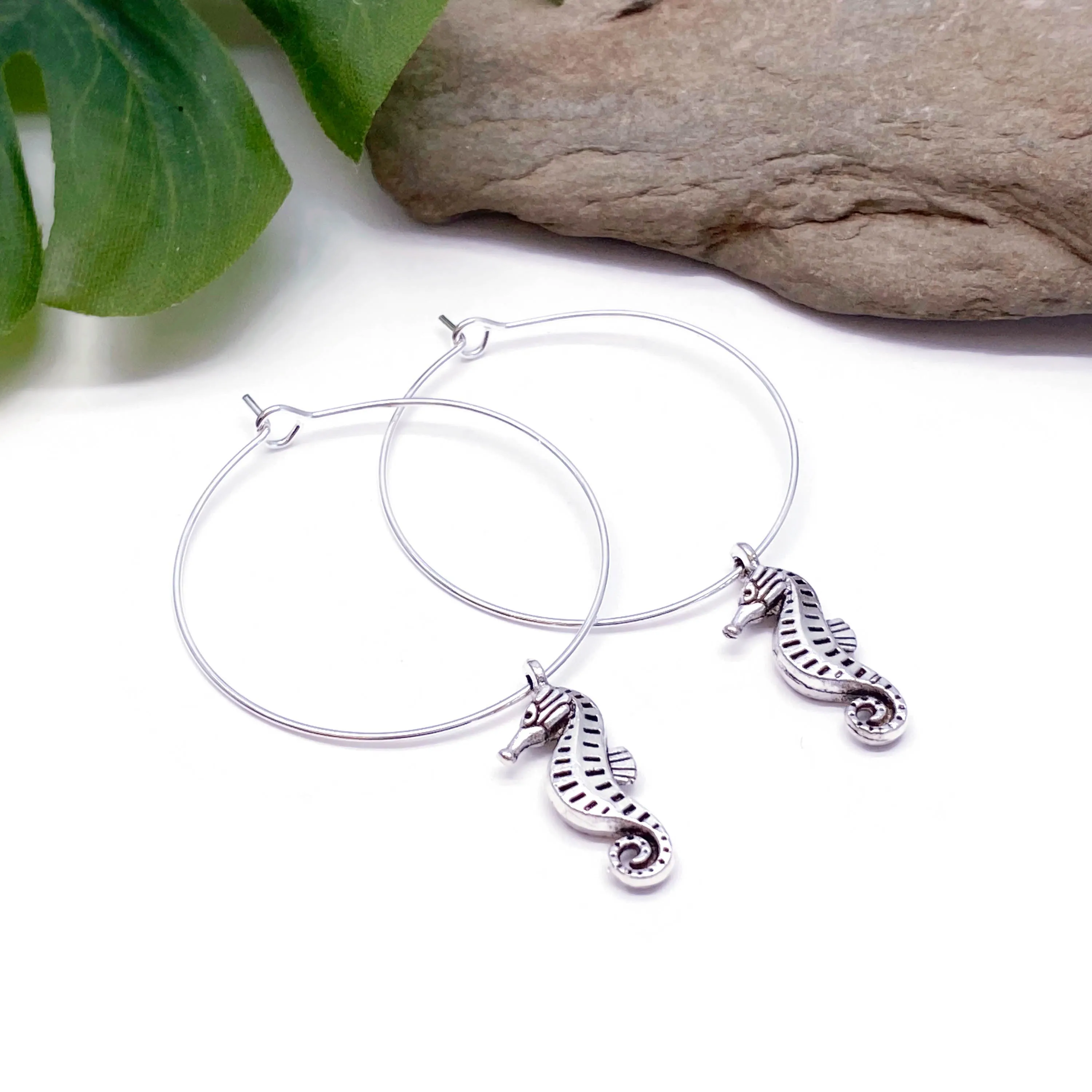 Seahorse Charm Silver Plated Hoop Earrings 35mm