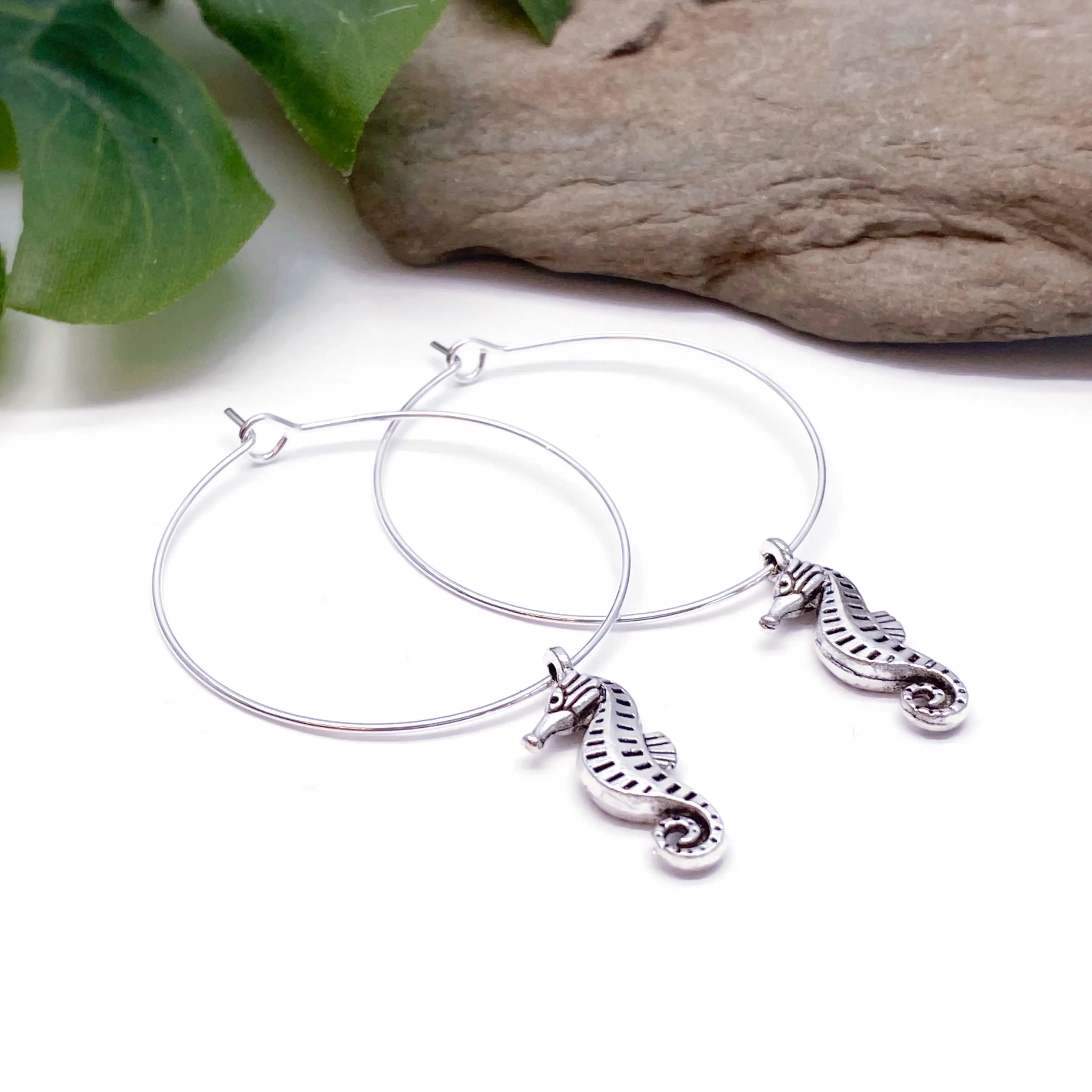 Seahorse Charm Silver Plated Hoop Earrings 35mm