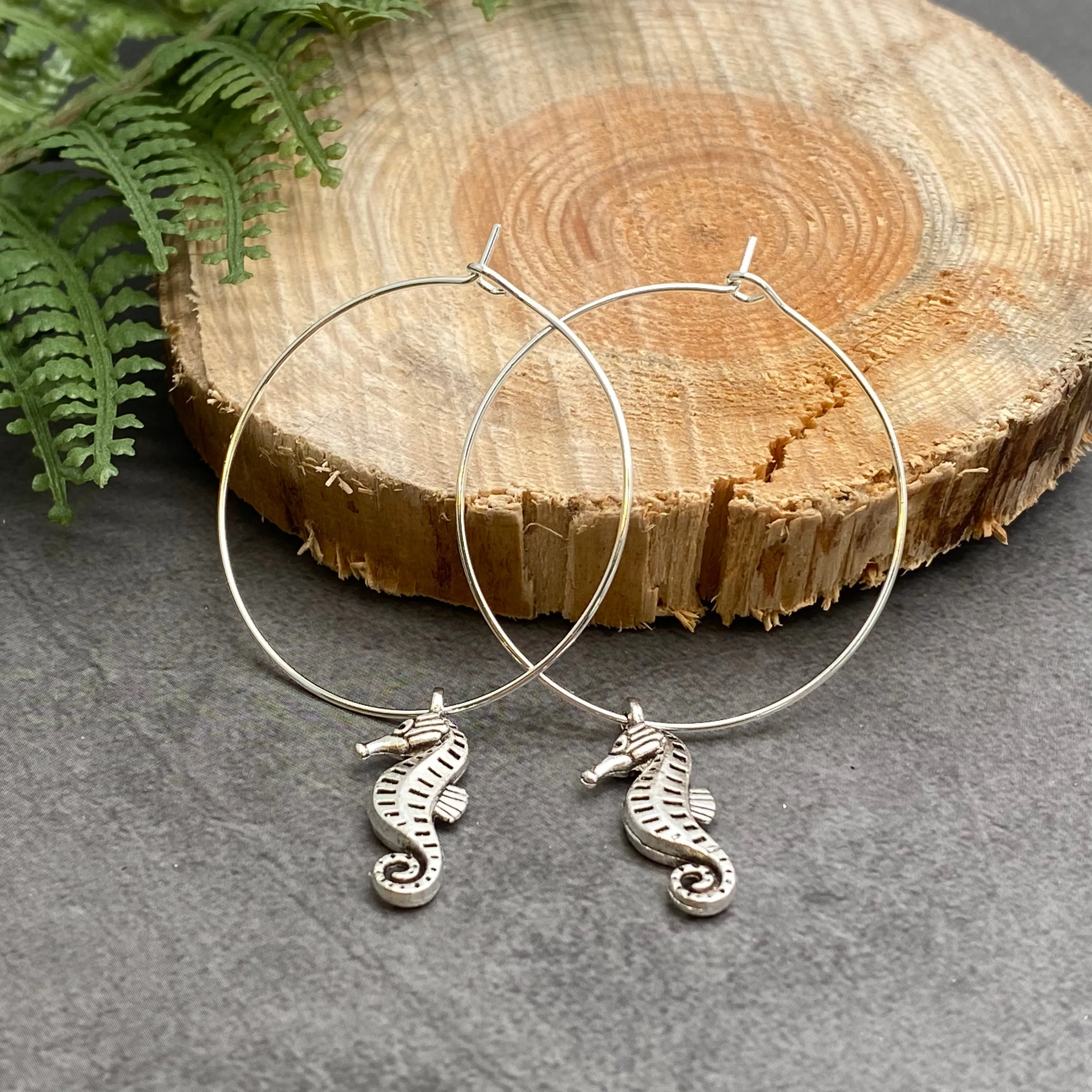 Seahorse Charm Silver Plated Hoop Earrings 35mm