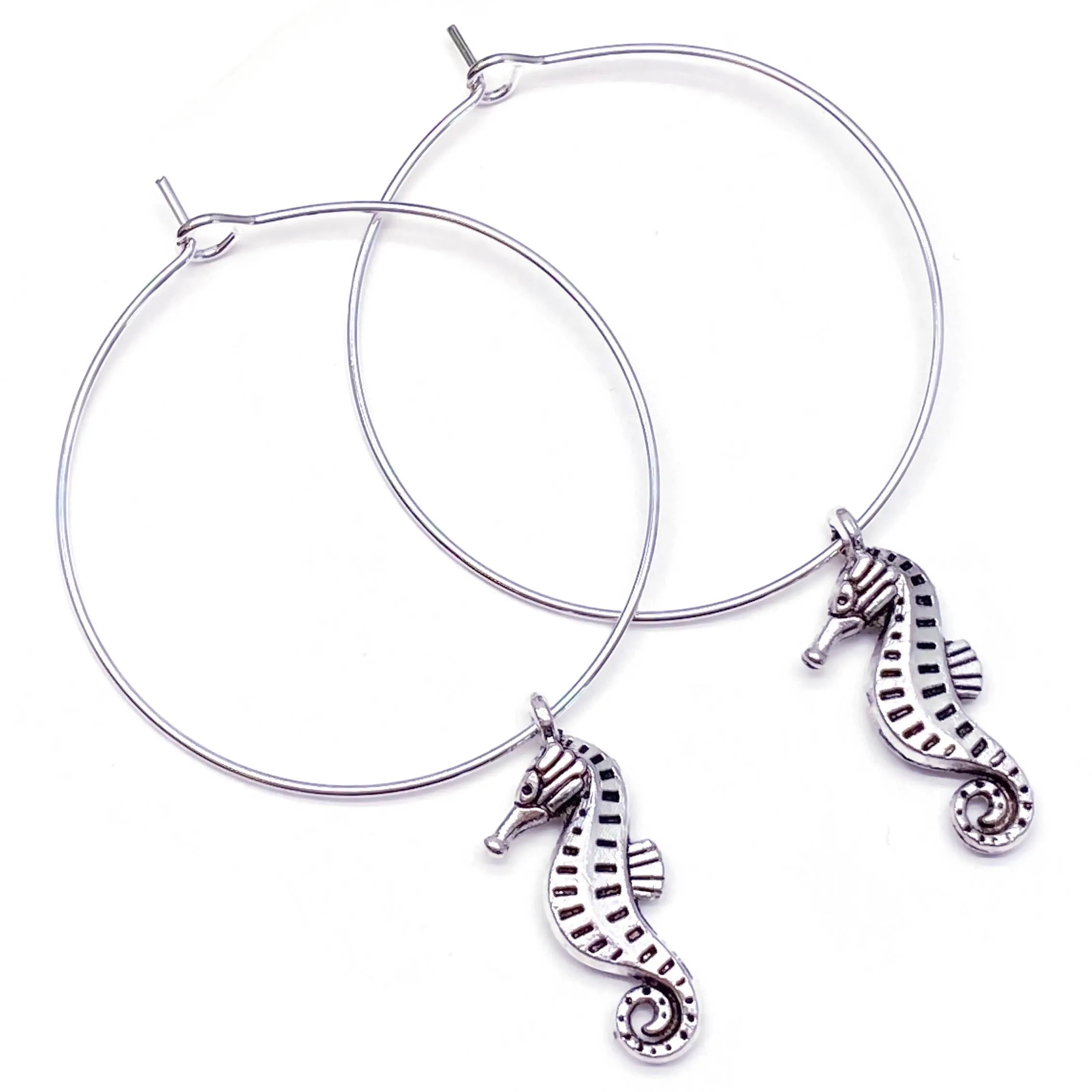 Seahorse Charm Silver Plated Hoop Earrings 35mm