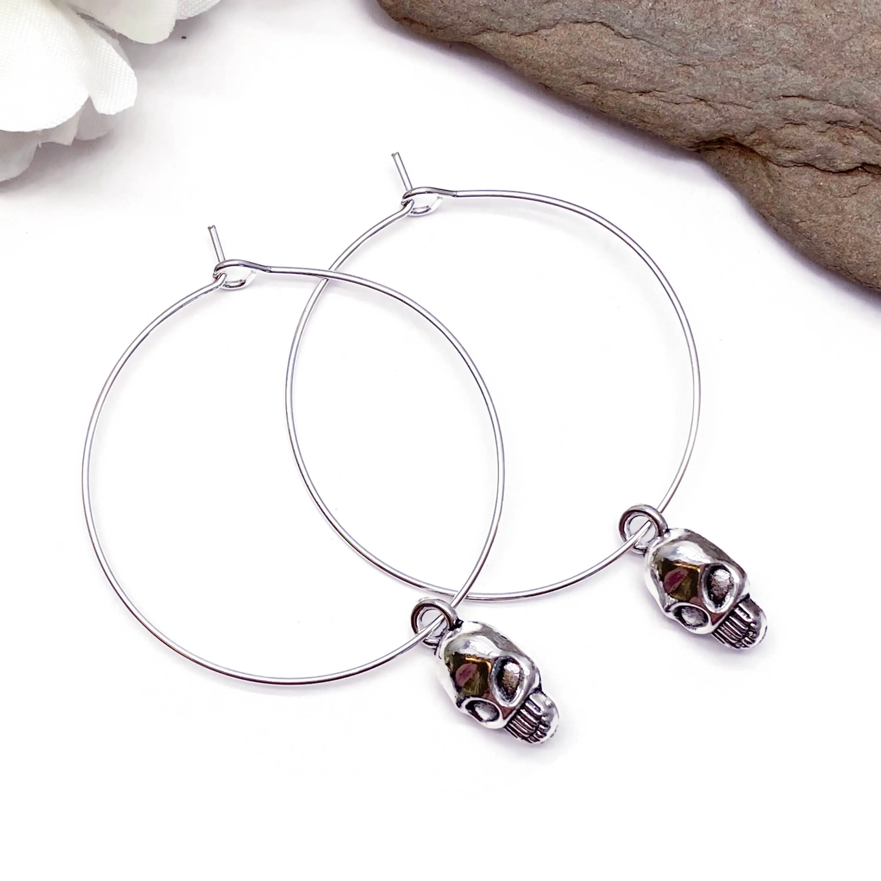 Skull Charm Silver Plated Hoop Earrings 35mm