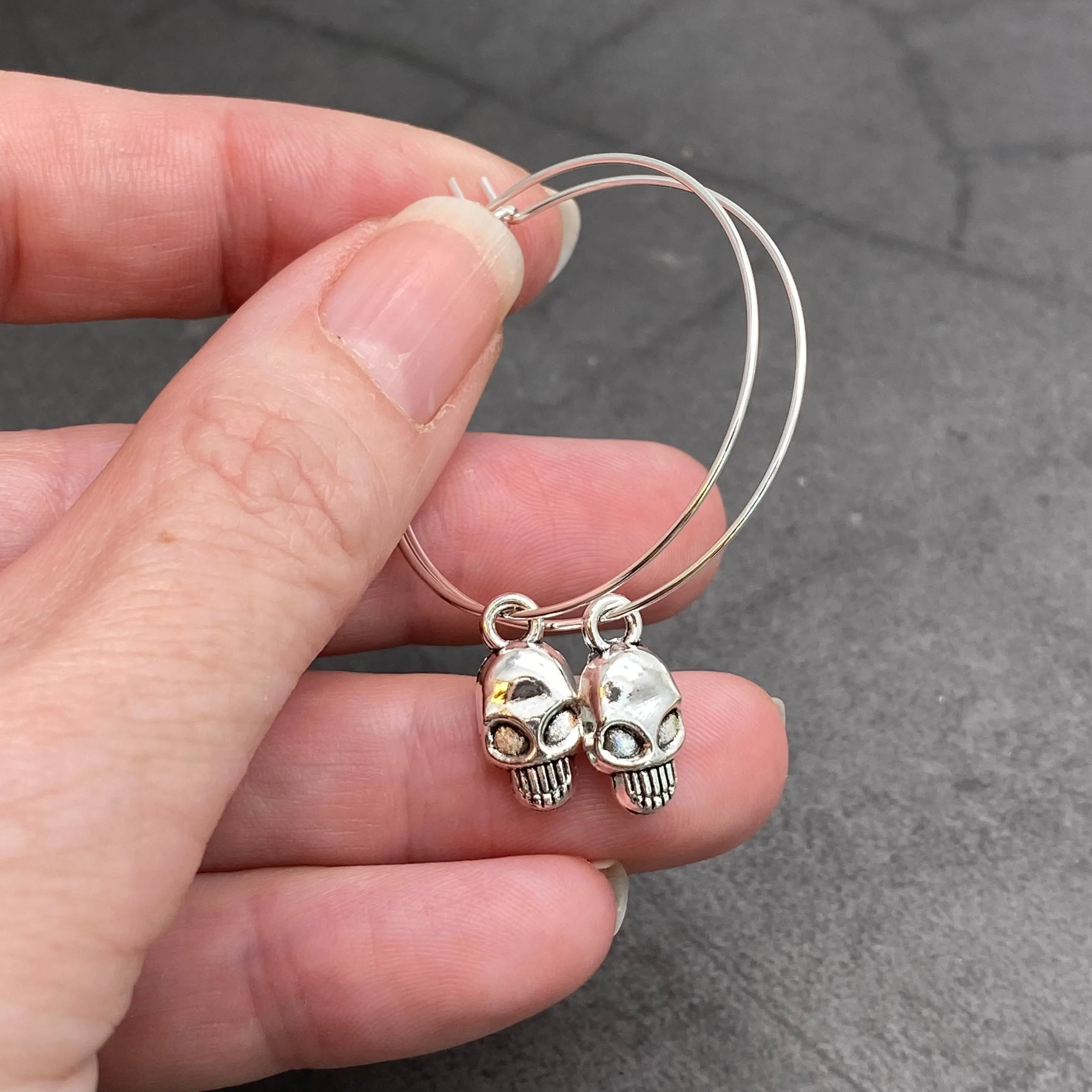 Skull Charm Silver Plated Hoop Earrings 35mm