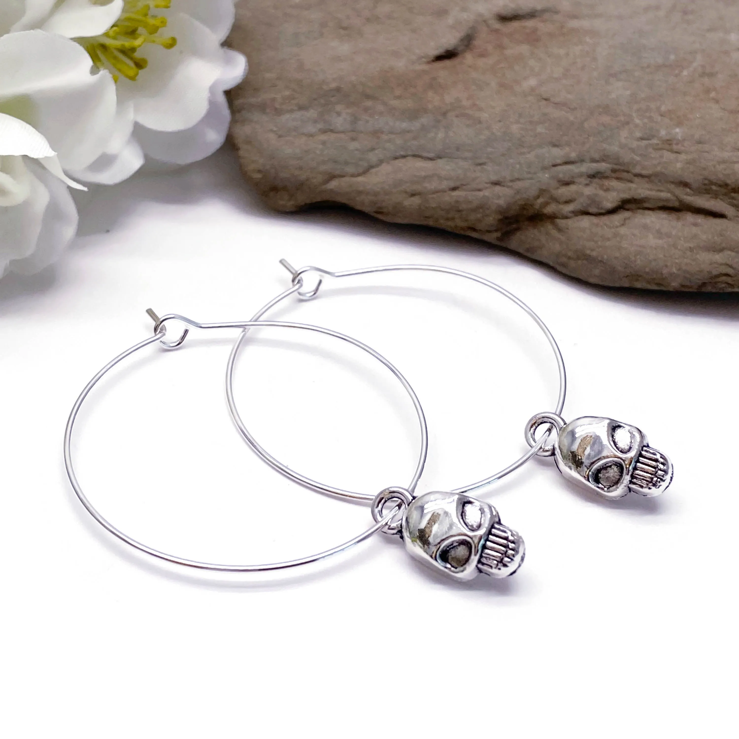 Skull Charm Silver Plated Hoop Earrings 35mm