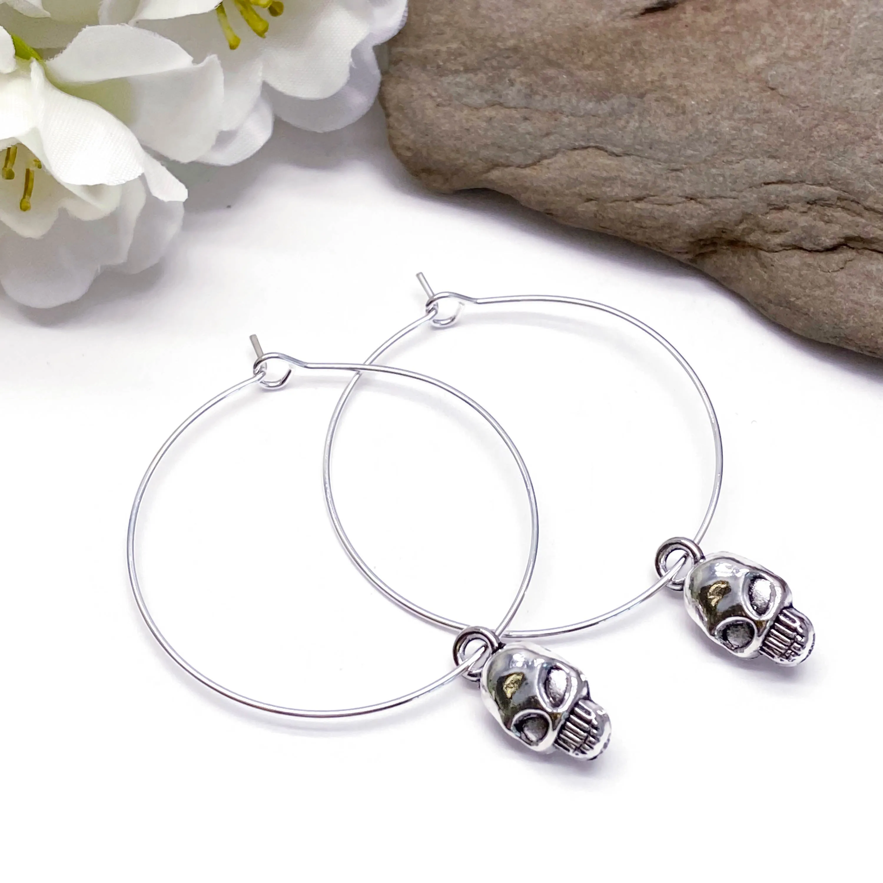 Skull Charm Silver Plated Hoop Earrings 35mm