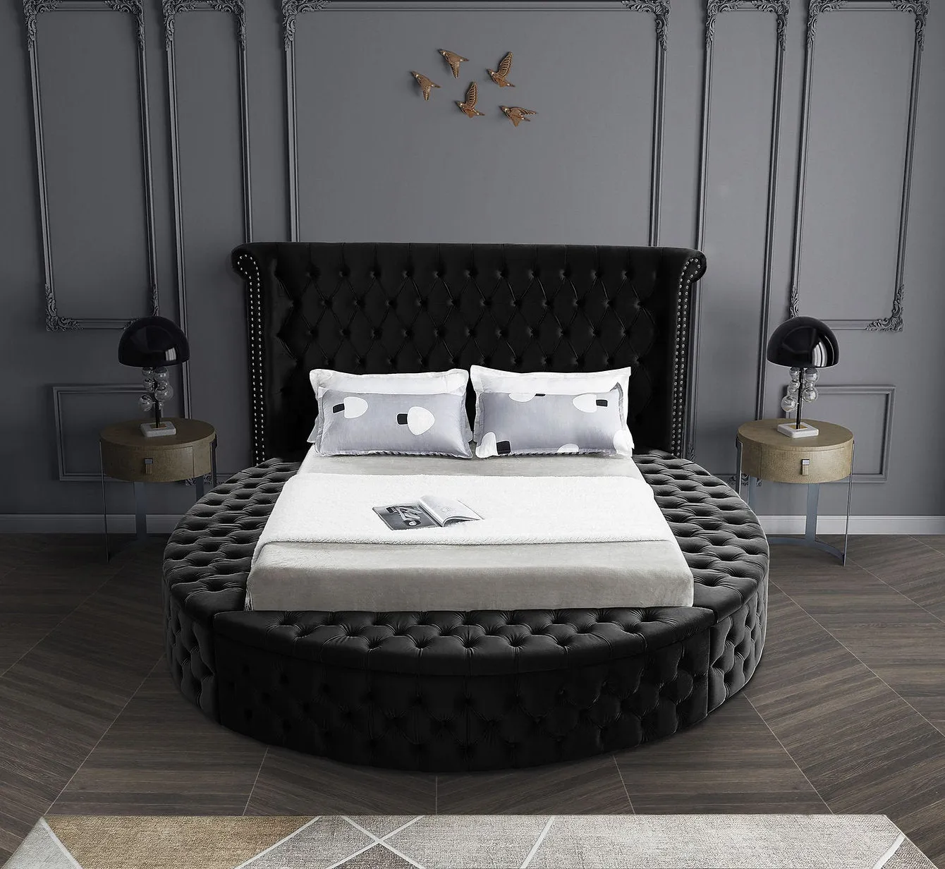 Space Saving and Luxurious Round Black Velvet Bed